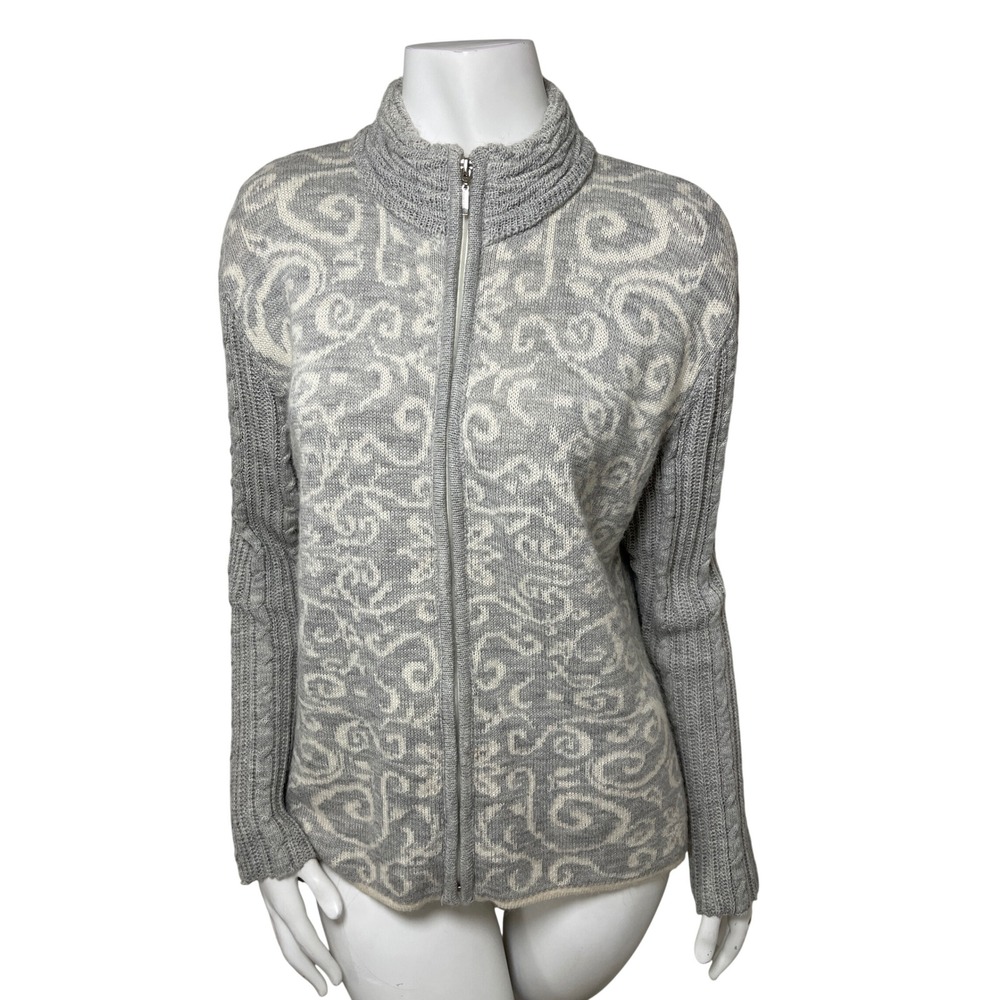 Alpaca Blend Full Zip Cardigan Sweater Grey Cream Scroll Knit Peru Womens L